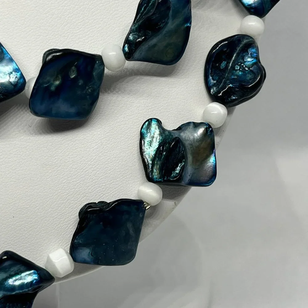 Teng Yue Fresh Water‎ Pearls Blue Mother of Pearl 3 Layer Silver Tone Necklace